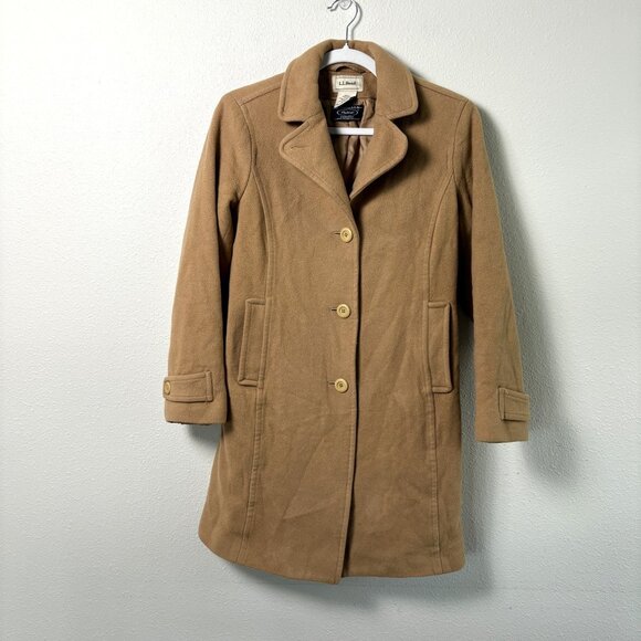LL Bean Bellandi Italian Wool Overcoat Size 4 Reg Tan Thinsulate Long Peacoat - Picture 1 of 13